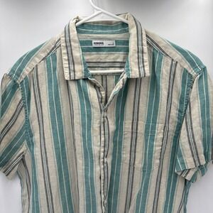 NWOT Sonoma Mens Linen Blend Shirt L Blue White Stripe Camp Coastal Summer Beach